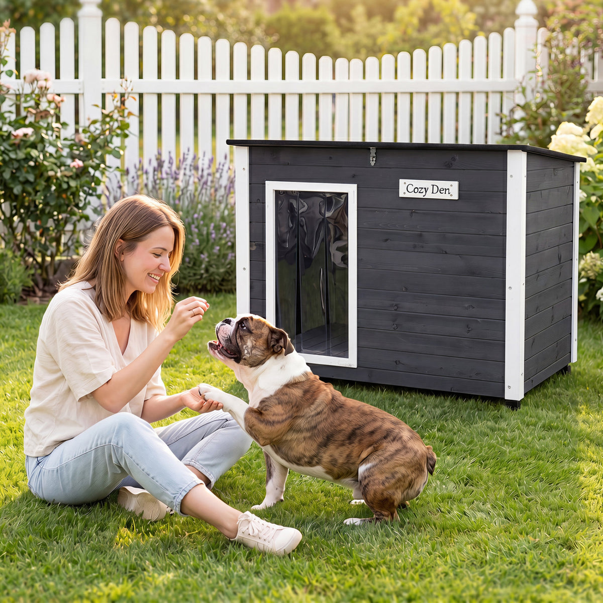 Wooden Dog House Outdoor with Natural Spruce Wood Frame  Removable Floor and Openable Asphalt Roof-S