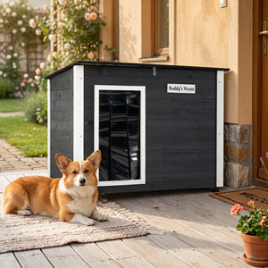 Wooden Dog House Outdoor with Natural Spruce Wood Frame  Removable Floor and Openable Asphalt Roof-S