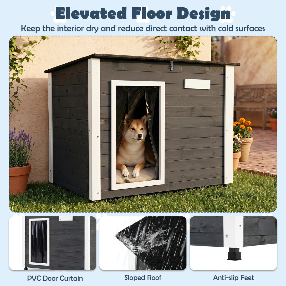Wooden Dog House Outdoor with Natural Spruce Wood Frame  Removable Floor and Openable Asphalt Roof-S