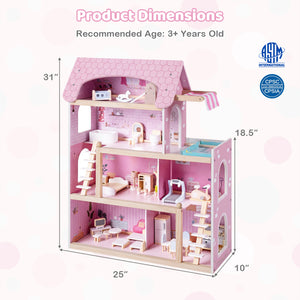 Wooden Dollhouse Kids DIY Pretend Playhouse with 33 PCS Furniture Accessories-Pink