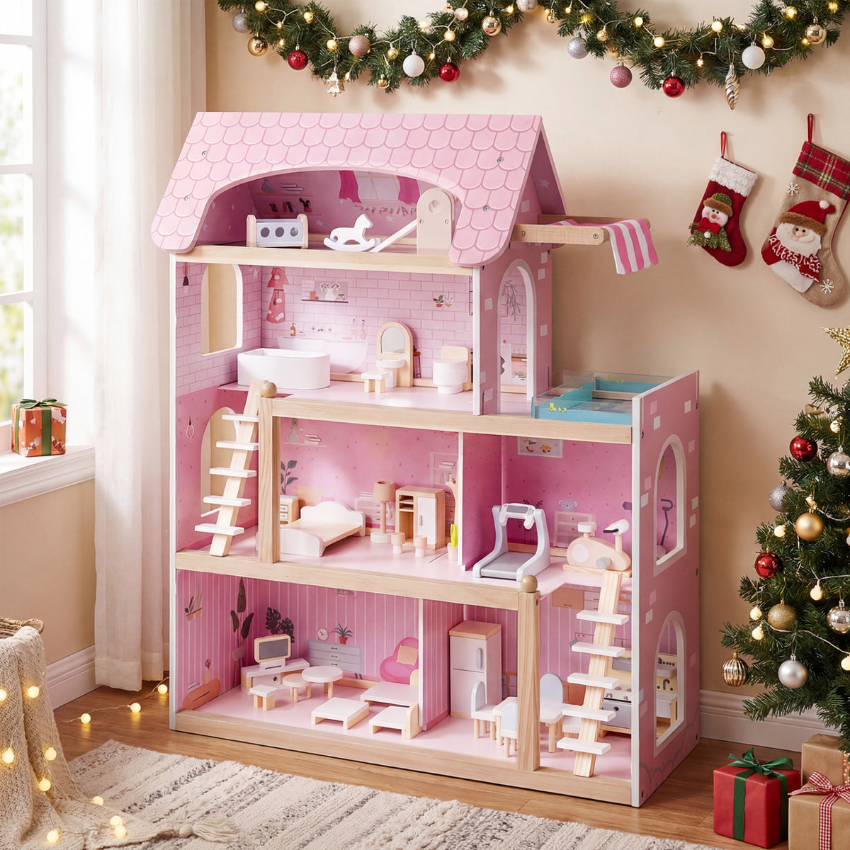 Wooden Dollhouse Kids DIY Pretend Playhouse with 33 PCS Furniture Accessories-Pink