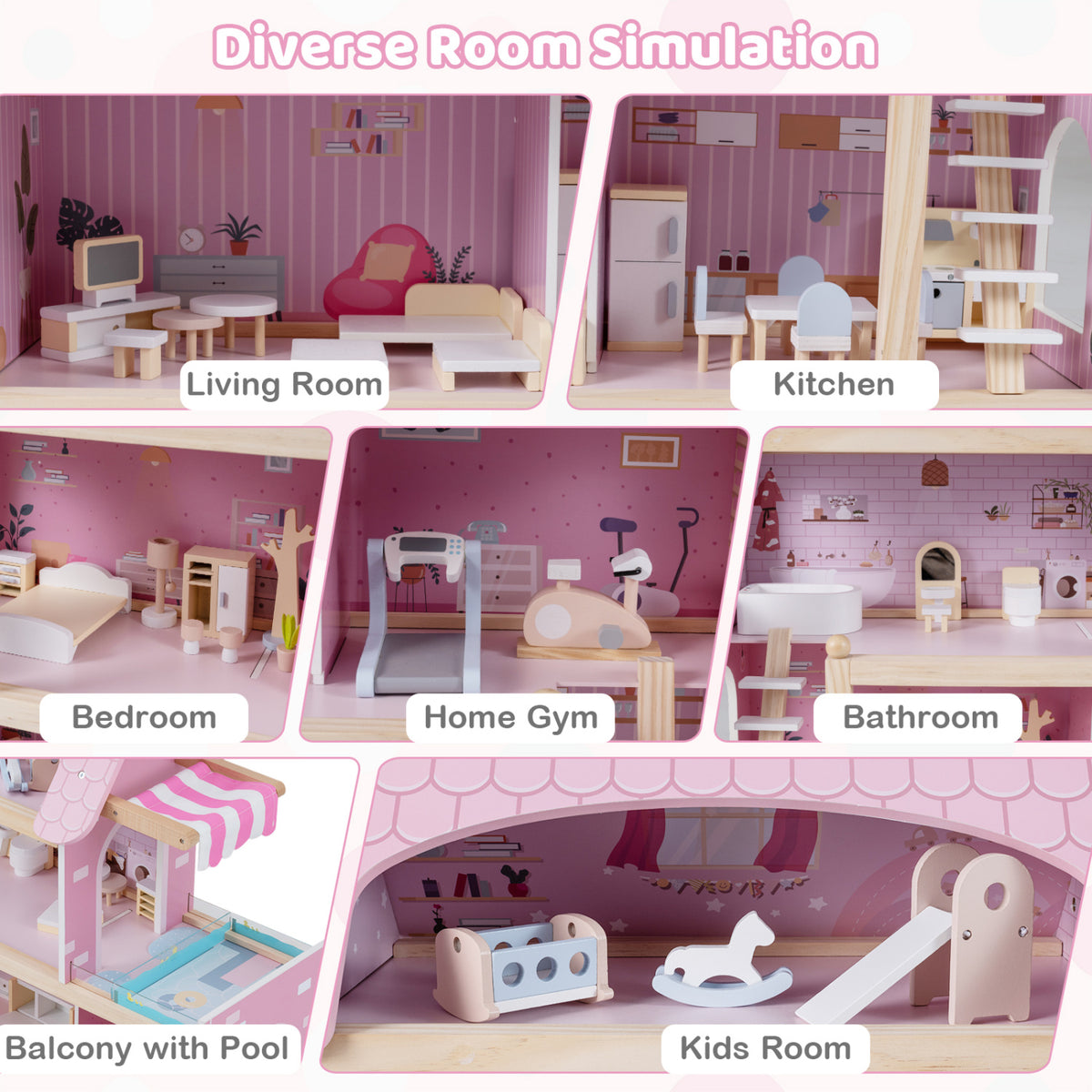 Wooden Dollhouse Kids DIY Pretend Playhouse with 33 PCS Furniture Accessories-Pink