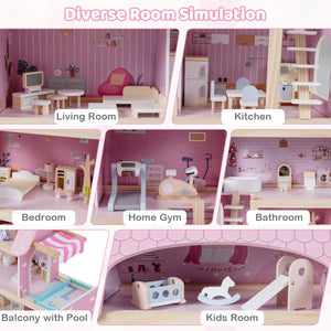 Wooden Dollhouse Kids DIY Pretend Playhouse with 33 PCS Furniture Accessories-Pink