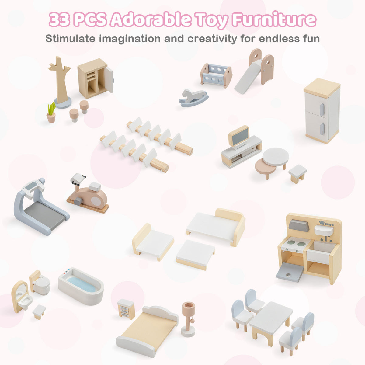 Wooden Dollhouse Kids DIY Pretend Playhouse with 33 PCS Furniture Accessories-Pink