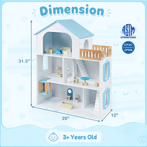 Wooden Dollhouse with 5 Rooms and Furniture Accessories for Kids-Blue