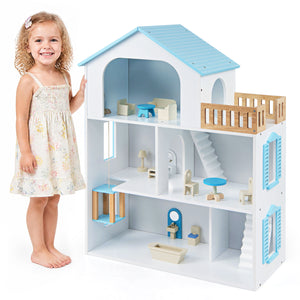 Wooden Dollhouse with 5 Rooms and Furniture Accessories for Kids-Blue