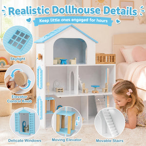 Wooden Dollhouse with 5 Rooms and Furniture Accessories for Kids-Blue