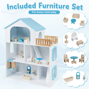 Wooden Dollhouse with 5 Rooms and Furniture Accessories for Kids-Blue