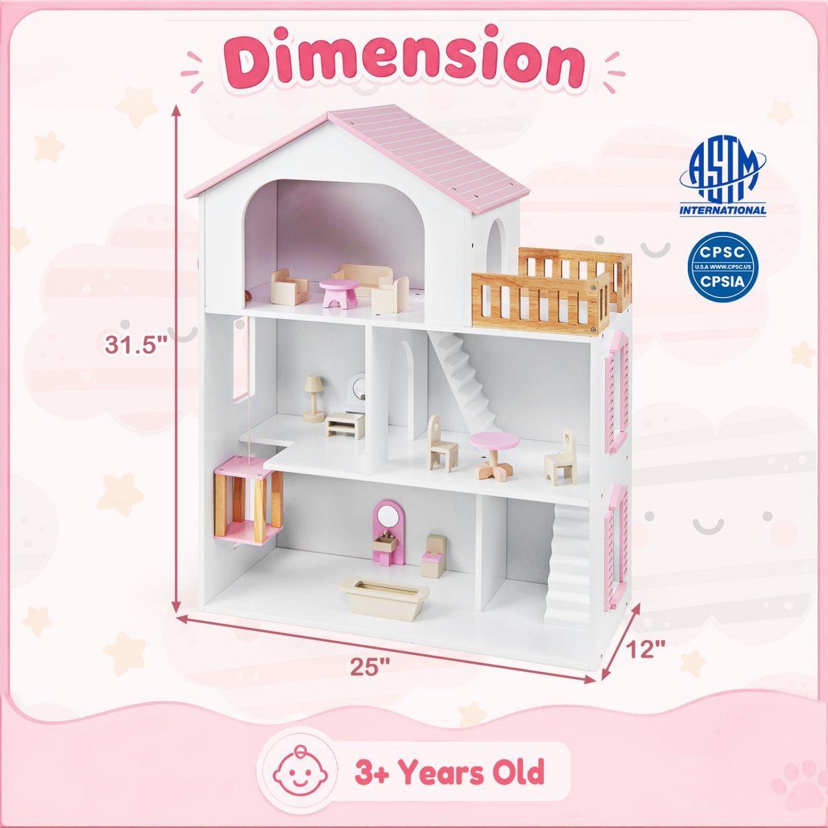 Wooden Dollhouse with 5 Rooms and Furniture Accessories for Kids-Pink