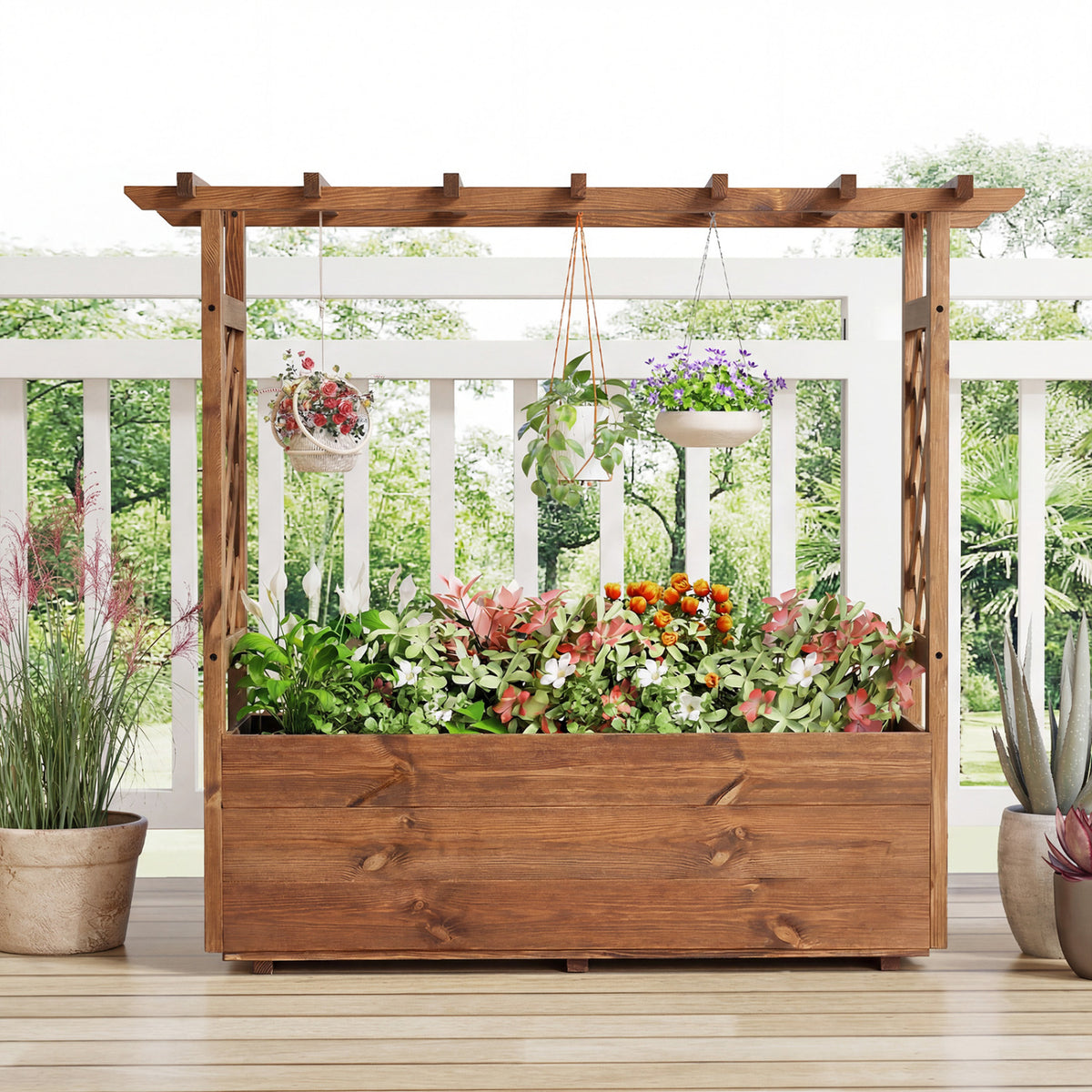 Wooden Elevated Planter Raised Garden Bed with Hanging Roof-Orange
