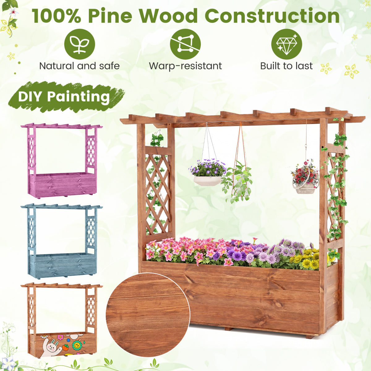 Wooden Elevated Planter Raised Garden Bed with Hanging Roof-Orange