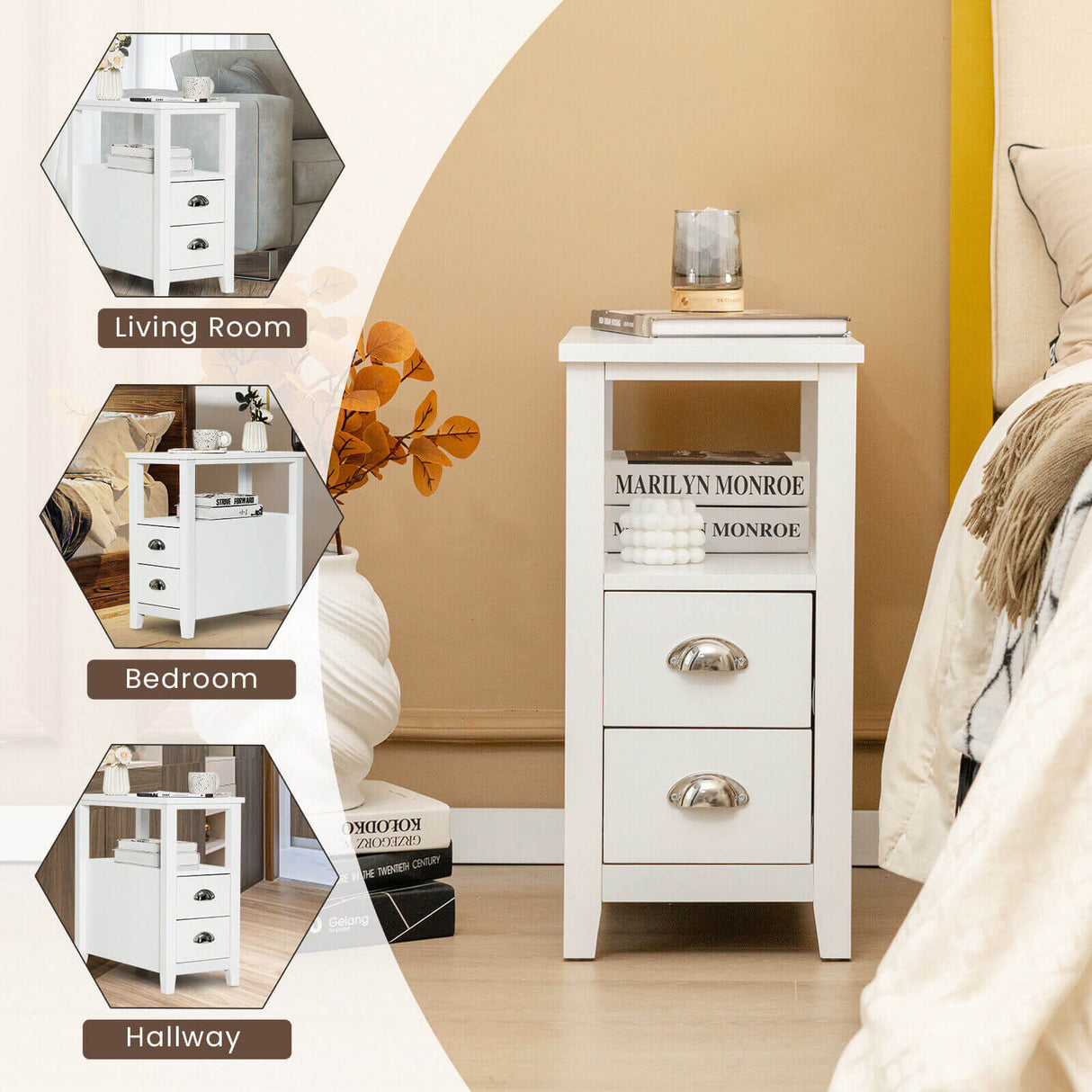 End Table Wooden with 2 Drawers and Shelf Bedside Table-Brown