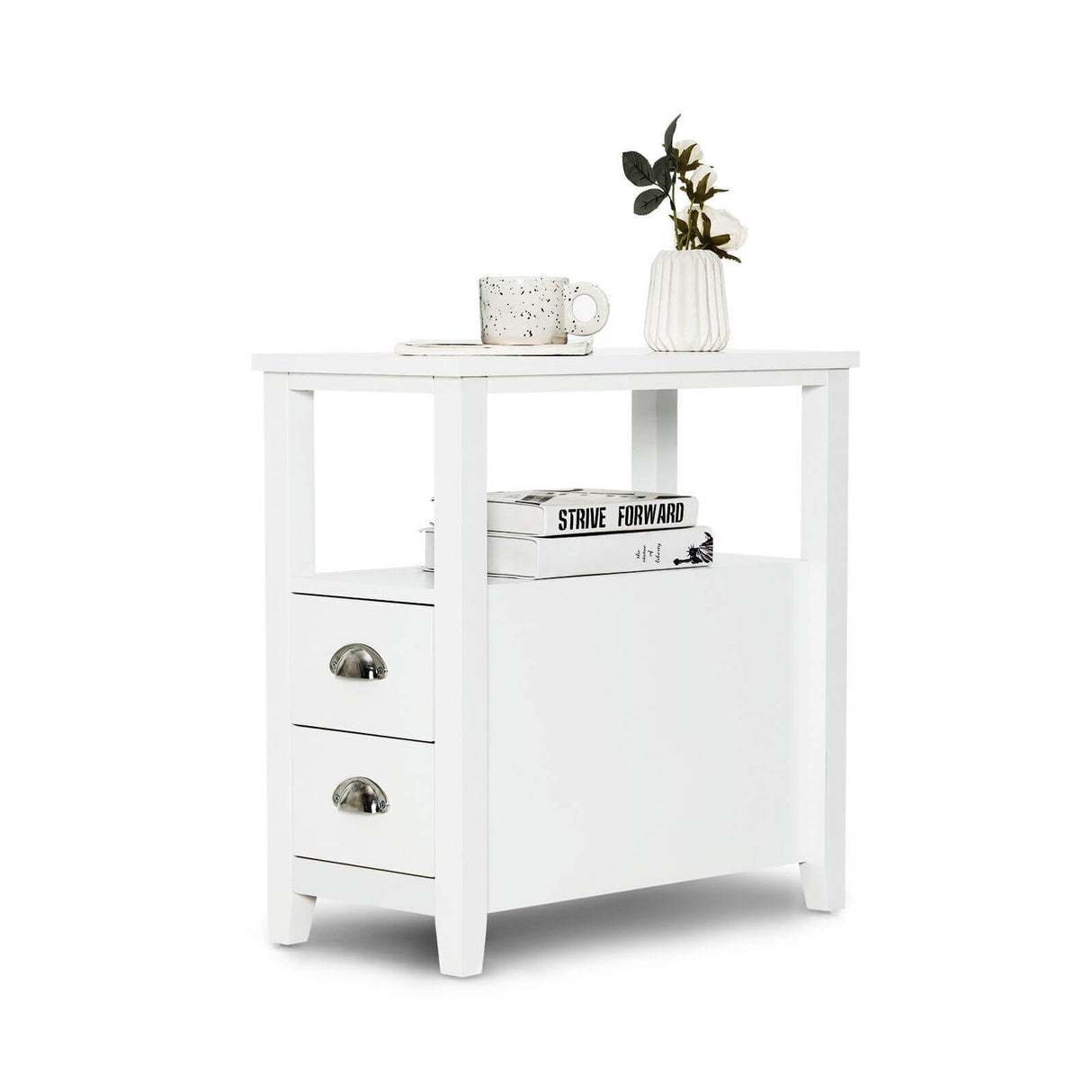 End Table Wooden with 2 Drawers and Shelf Bedside Table-Brown