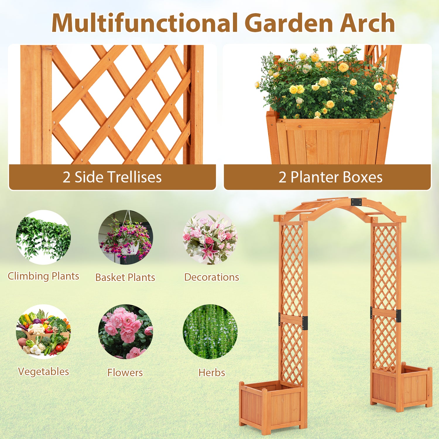 Wooden Garden Arbor with Planter and Trellis for Climbing Plants Decorations-Orange