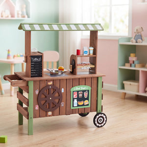 Wooden Grocery Store Playset for Kids with Large Wheels