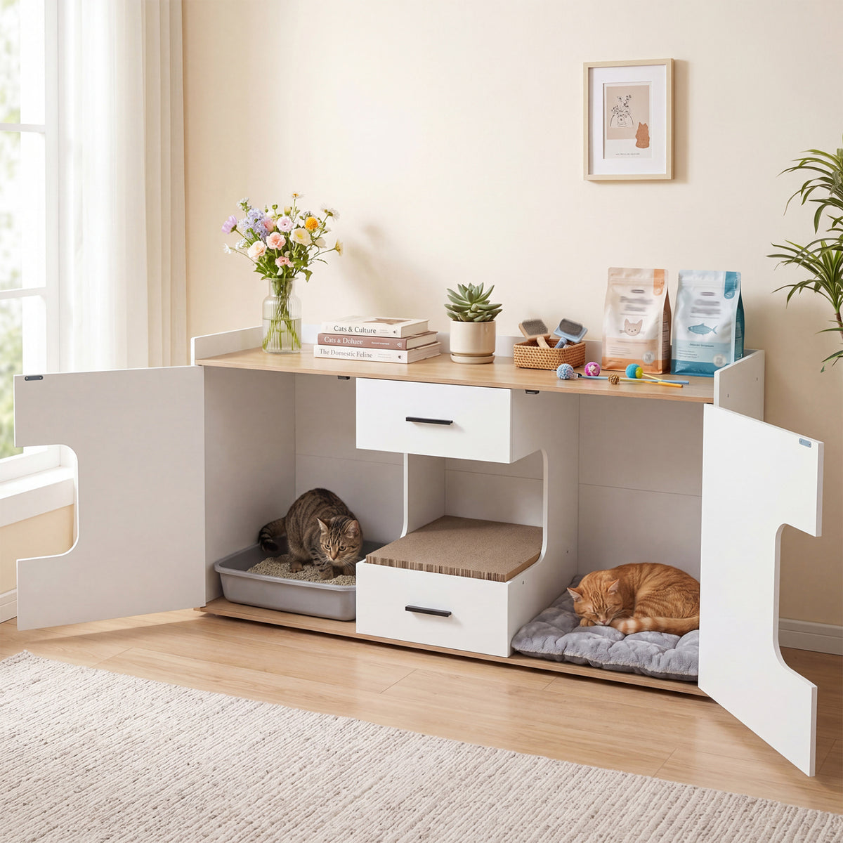 Wooden Hidden Cat House Cabinet with Wide Countertop 2 Drawers and 2 Doors-Natrual