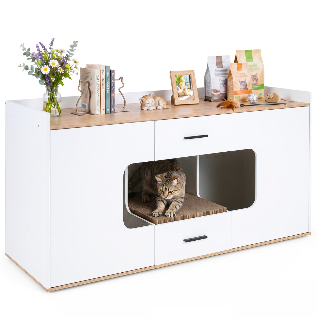 Wooden Hidden Cat House Cabinet with Wide Countertop 2 Drawers and 2 Doors-Natrual