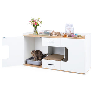 Wooden Hidden Cat House Cabinet with Wide Countertop 2 Drawers and 2 Doors-Natrual