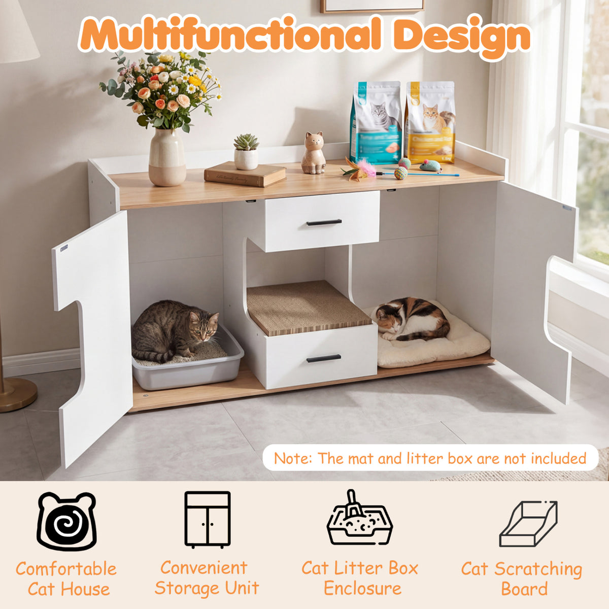 Wooden Hidden Cat House Cabinet with Wide Countertop 2 Drawers and 2 Doors-Natrual