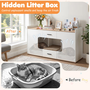Wooden Hidden Cat House Cabinet with Wide Countertop 2 Drawers and 2 Doors-Natrual