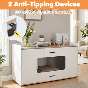 Wooden Hidden Cat House Cabinet with Wide Countertop 2 Drawers and 2 Doors-Natrual