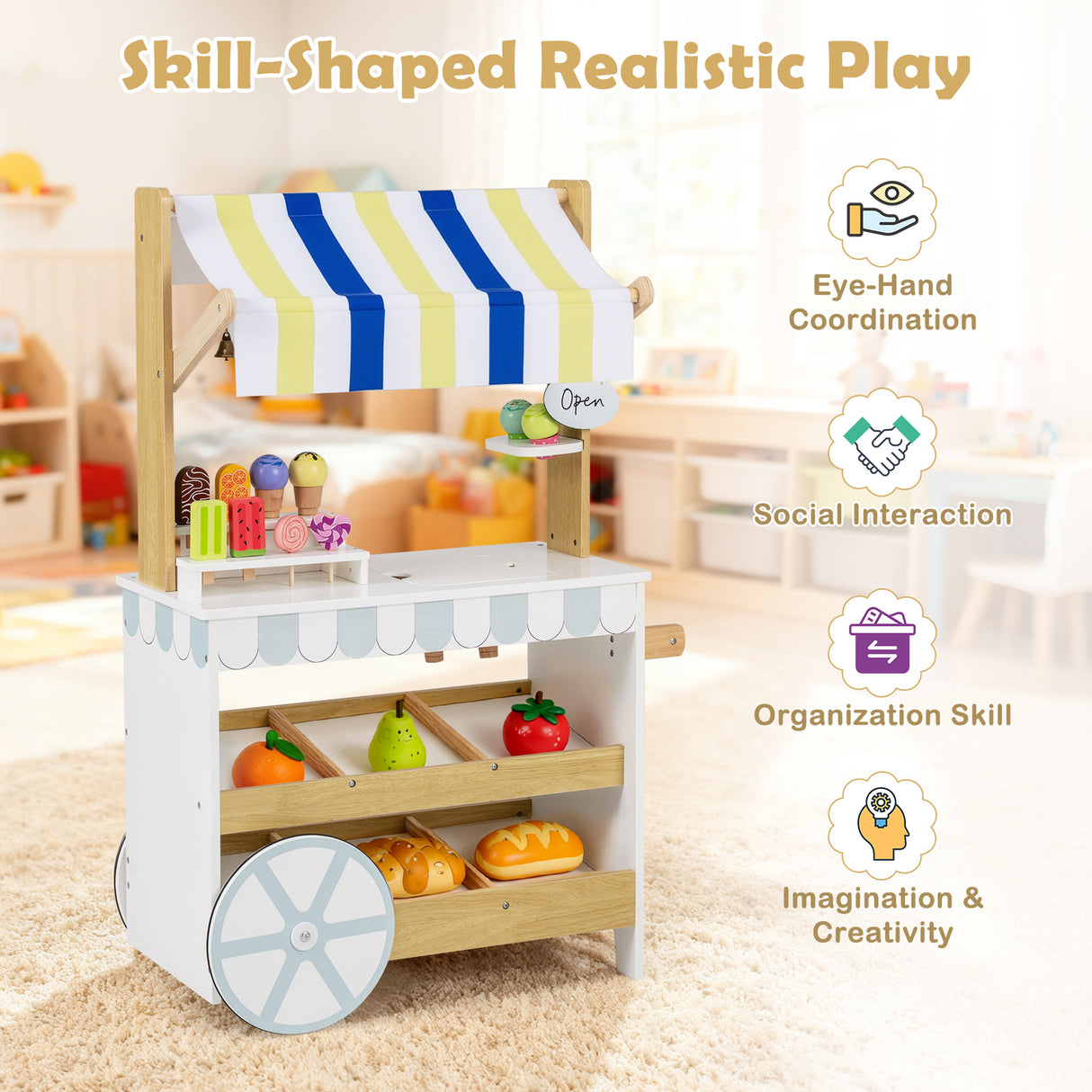 Wooden Ice Cream Cart for Kids 2-in-1 Grocery Store Playset with Display Shelves-White