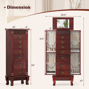 Wooden Jewelry Armoire Cabinet Storage Chest with Drawers and Swing Doors-Brown