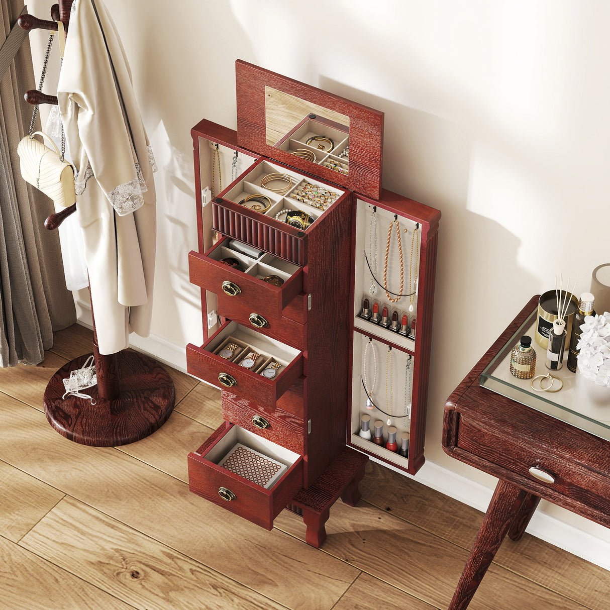 Wooden Jewelry Armoire Cabinet Storage Chest with Drawers and Swing Doors-Brown