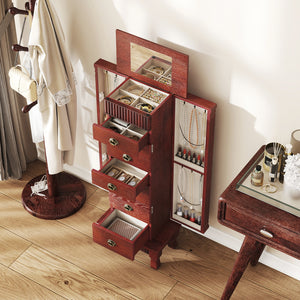 Wooden Jewelry Armoire Cabinet Storage Chest with Drawers and Swing Doors-Brown