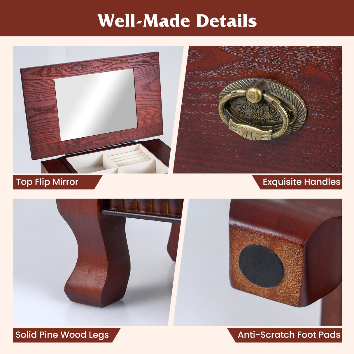 Wooden Jewelry Armoire Cabinet Storage Chest with Drawers and Swing Doors-Brown