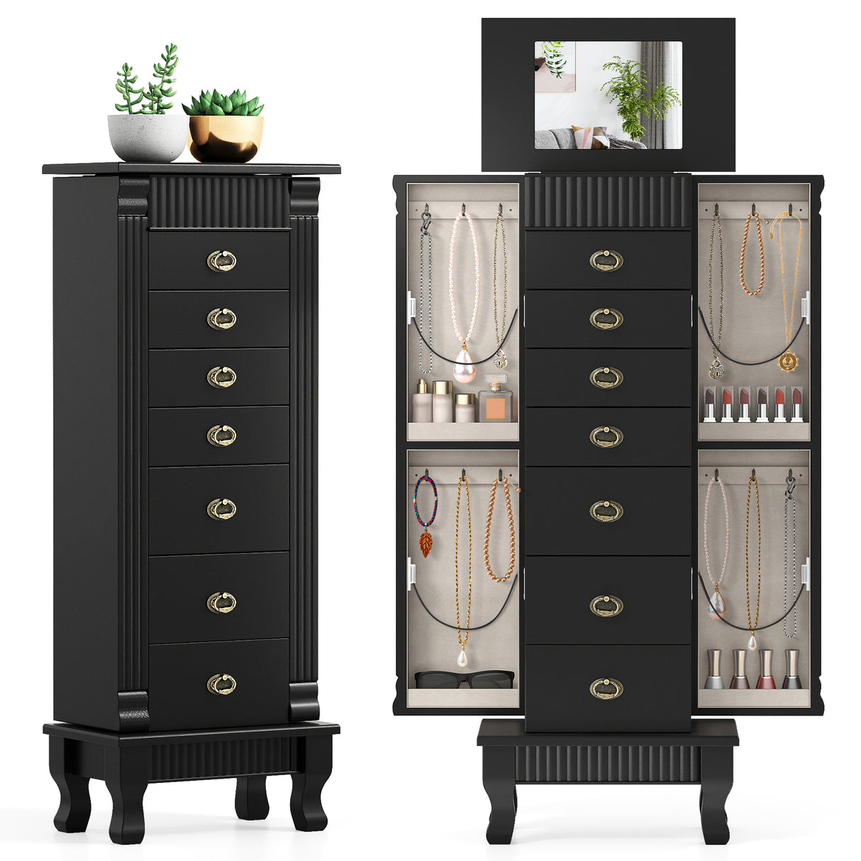 Wooden Jewelry Armoire Cabinet Storage Chest with Drawers and Swing Doors-Black