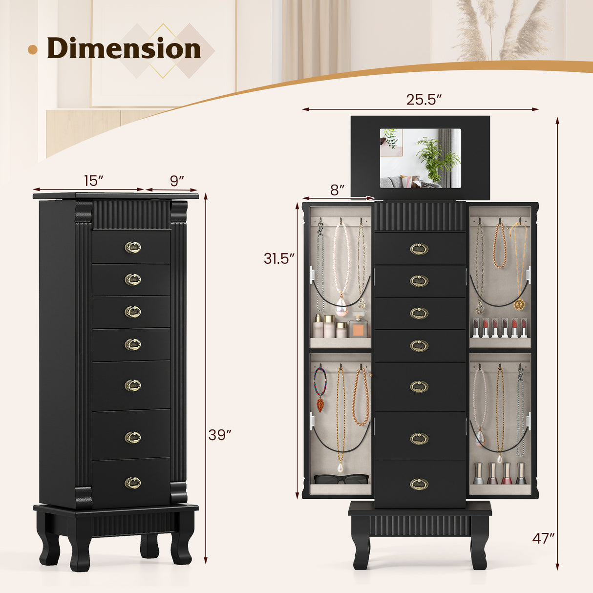 Wooden Jewelry Armoire Cabinet Storage Chest with Drawers and Swing Doors-Black