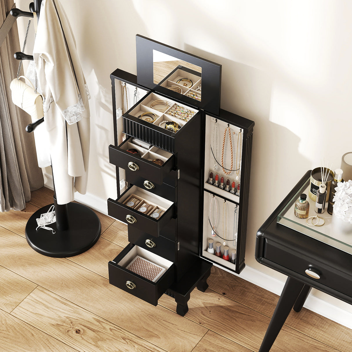 Wooden Jewelry Armoire Cabinet Storage Chest with Drawers and Swing Doors-Black