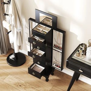 Wooden Jewelry Armoire Cabinet Storage Chest with Drawers and Swing Doors-Black