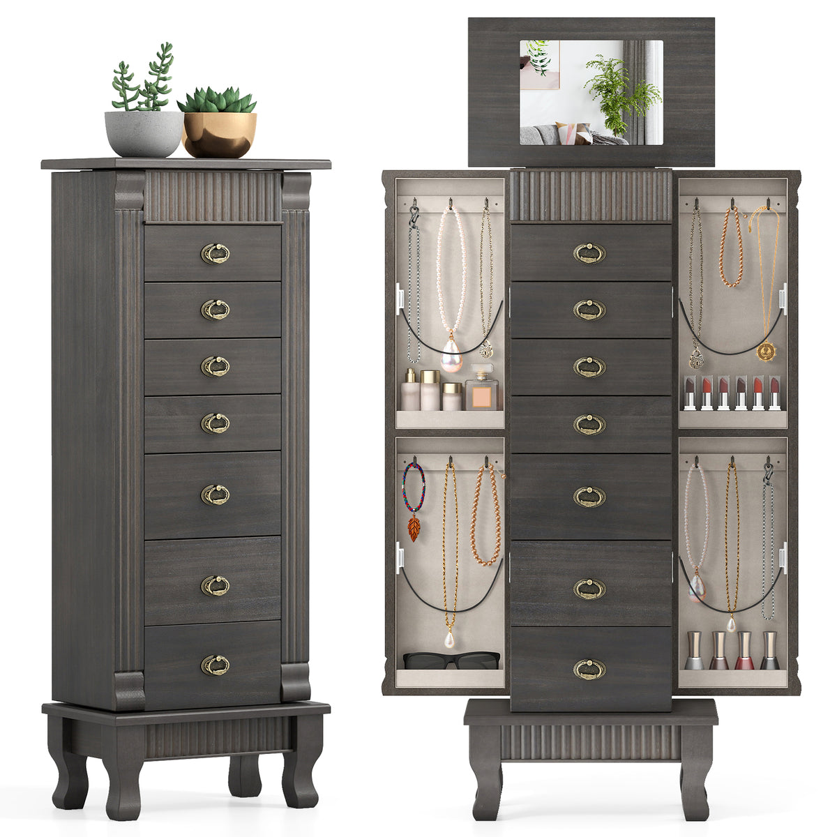 Wooden Jewelry Armoire Cabinet Storage Chest with Drawers and Swing Doors-Gray