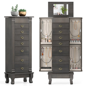 Wooden Jewelry Armoire Cabinet Storage Chest with Drawers and Swing Doors-Gray