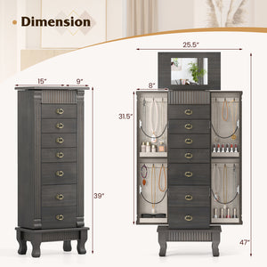 Wooden Jewelry Armoire Cabinet Storage Chest with Drawers and Swing Doors-Gray