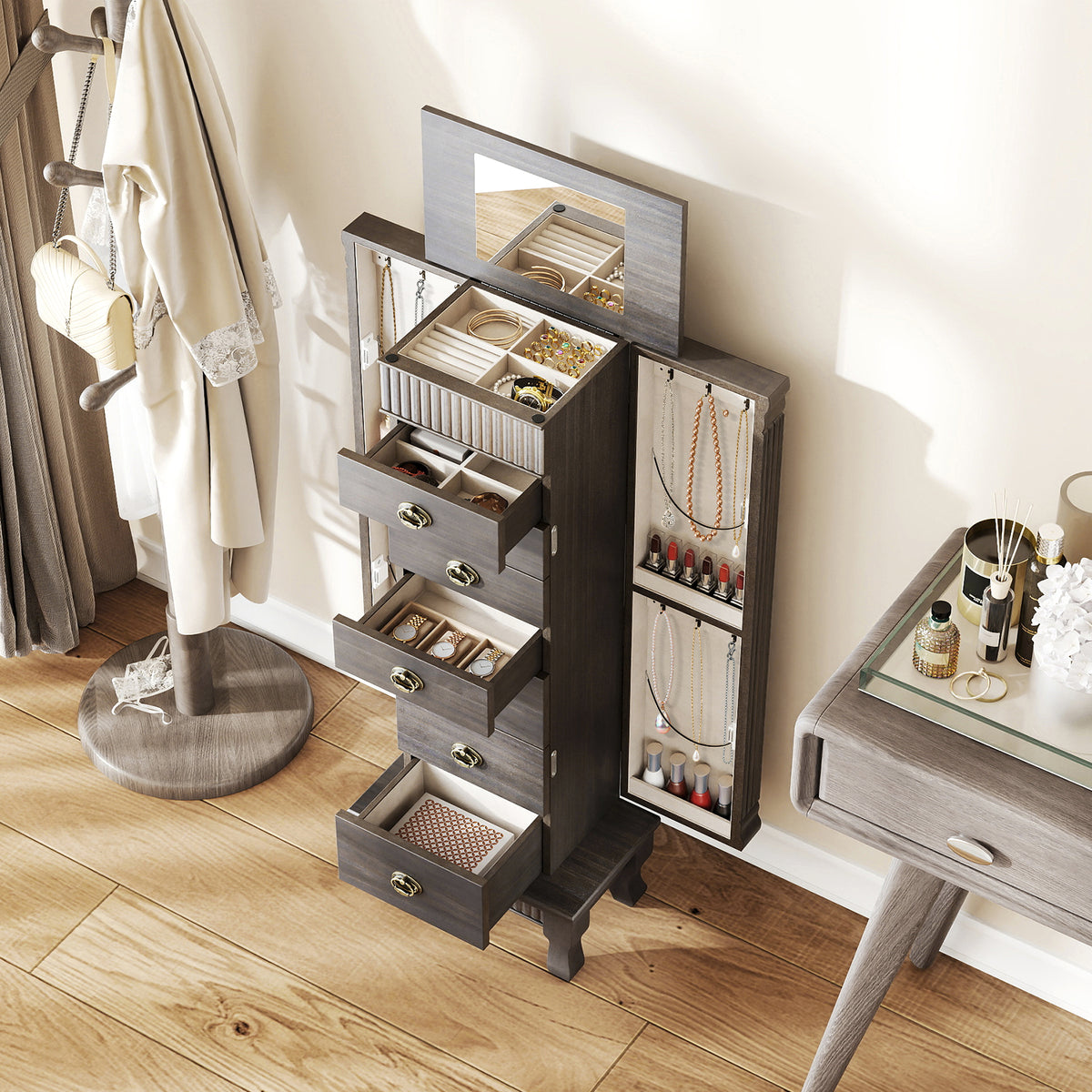 Wooden Jewelry Armoire Cabinet Storage Chest with Drawers and Swing Doors-Gray