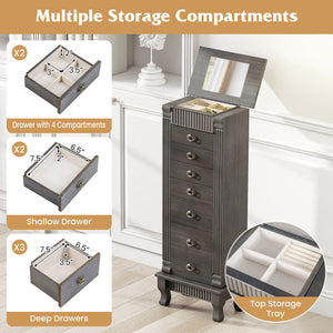 Wooden Jewelry Armoire Cabinet Storage Chest with Drawers and Swing Doors-Gray