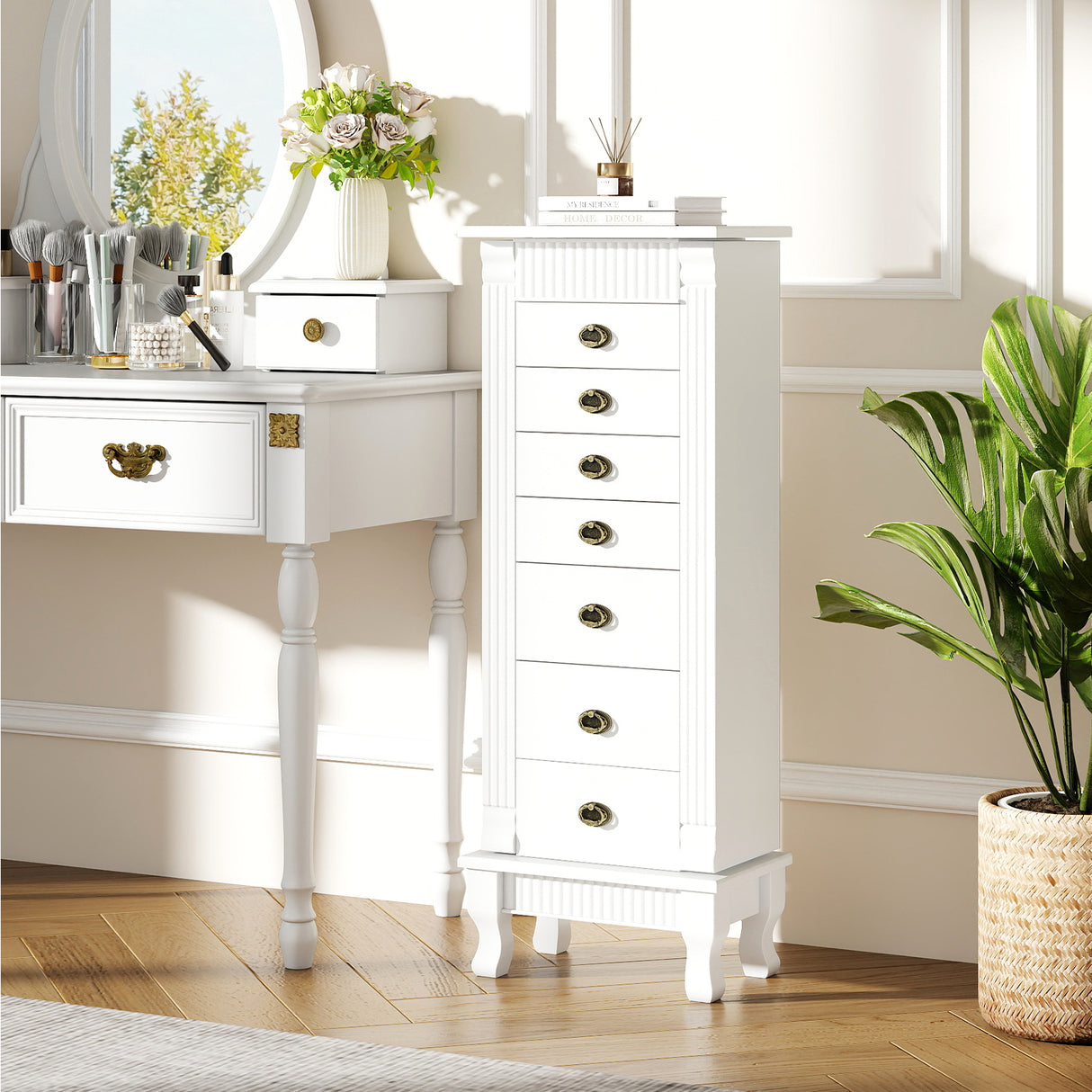 Wooden Jewelry Armoire Cabinet Storage Chest with Drawers and Swing Doors-White