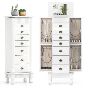 Wooden Jewelry Armoire Cabinet Storage Chest with Drawers and Swing Doors-White
