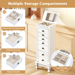 Wooden Jewelry Armoire Cabinet Storage Chest with Drawers and Swing Doors-White