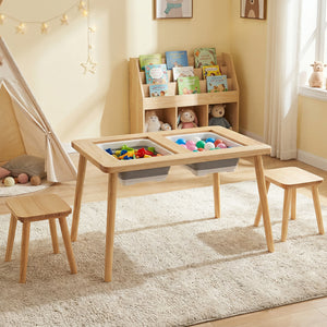 Wooden Kids Activity Table Set with 2 Foldable Storage Bins-Natural