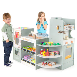 Wooden Kids Grocery Store Playset Pretend Play Supermarket-Green