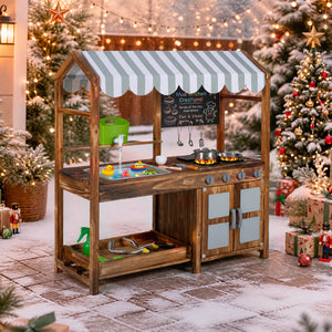 Wooden Kids Mud Kitchen with 8 Accessories and 2-Sided Chalkboard for Boys Girls Ages 3+-Brown