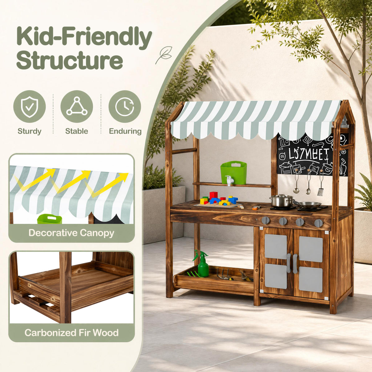 Wooden Kids Mud Kitchen with 8 Accessories and 2-Sided Chalkboard for Boys Girls Ages 3+-Brown