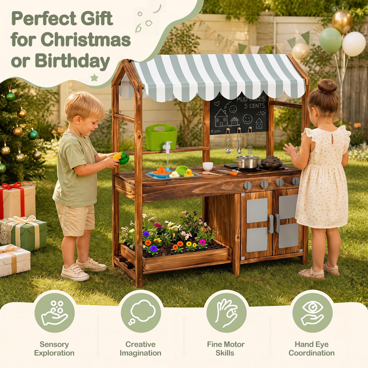 Wooden Kids Mud Kitchen with 8 Accessories and 2-Sided Chalkboard for Boys Girls Ages 3+-Brown
