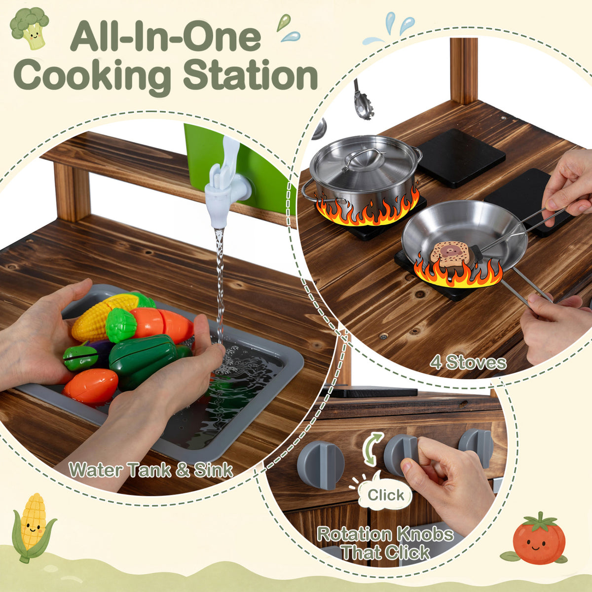 Wooden Kids Mud Kitchen with 8 Accessories and 2-Sided Chalkboard for Boys Girls Ages 3+-Brown