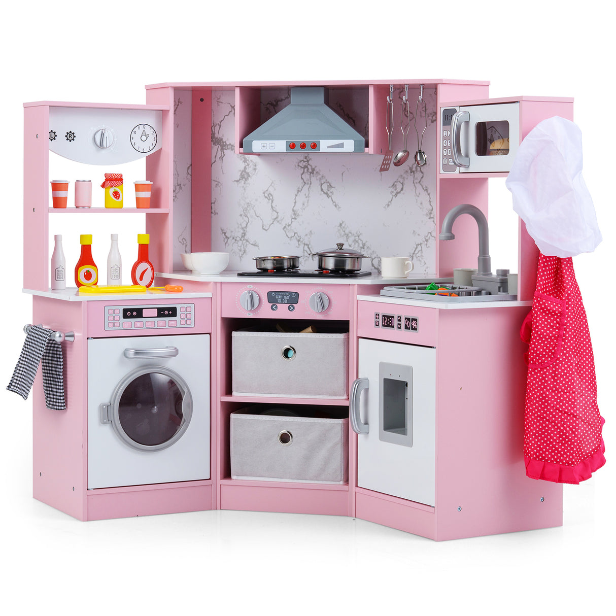 Wooden Kids Play Kitchen Playset with Realistic Lights and Sounds-Pink