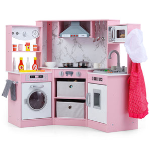 Wooden Kids Play Kitchen Playset with Realistic Lights and Sounds-Pink